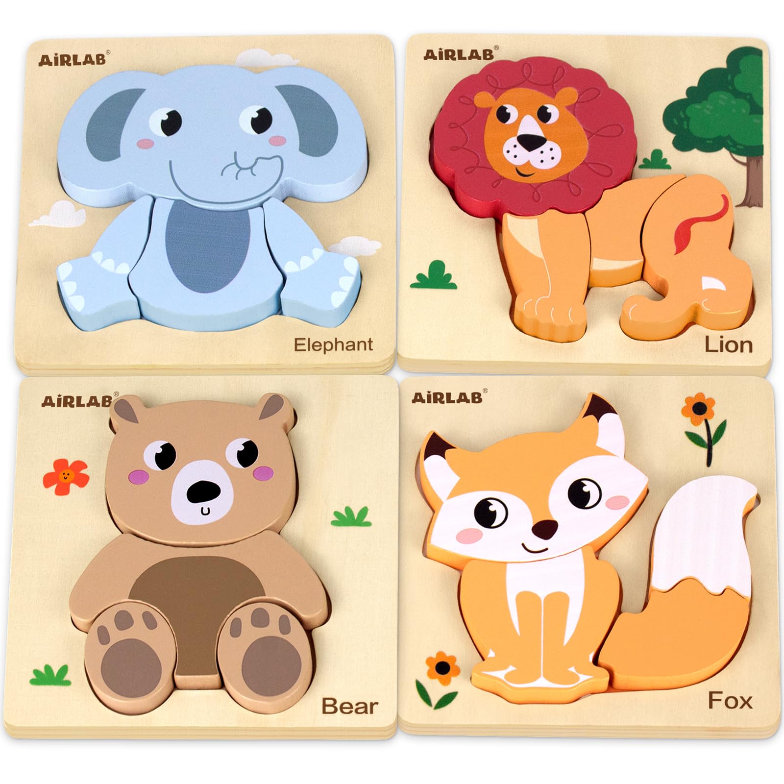 Airlab Wooden Chunky Jigsaw Puzzles for Toddler 1+ Year Olds, Baby Montessori Sensory Toys, 1st Birthday Gifts for Girls Boys, Preschool Educational Learning Toys for Kid Ages 1 2 3