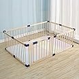 Kids Play Fence with Door,Wood Playpen Baby Safety Play Center Yard, Safe Play Area Indoor Kids Safety Activity Center Playard w/Locking Gate, Without Mat