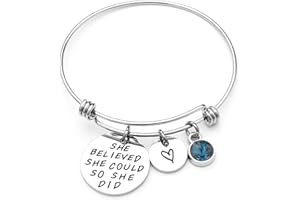 LIUANAN Stainless Steel Inspirational Encouragement Bracelet She Believed She Could So She Did Expandable Bangle Birthstone Charm Cuff Bracelet