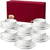 BTaT- Cappuccino Cups with Saucers 7 oz with Gift Box, Set of 6, White Porcelain Coffee Cup and Saucer Set for Latte with Golden Trim Design, Dishwasher Safe, Mocha, Tea, Au Lait, Flat White