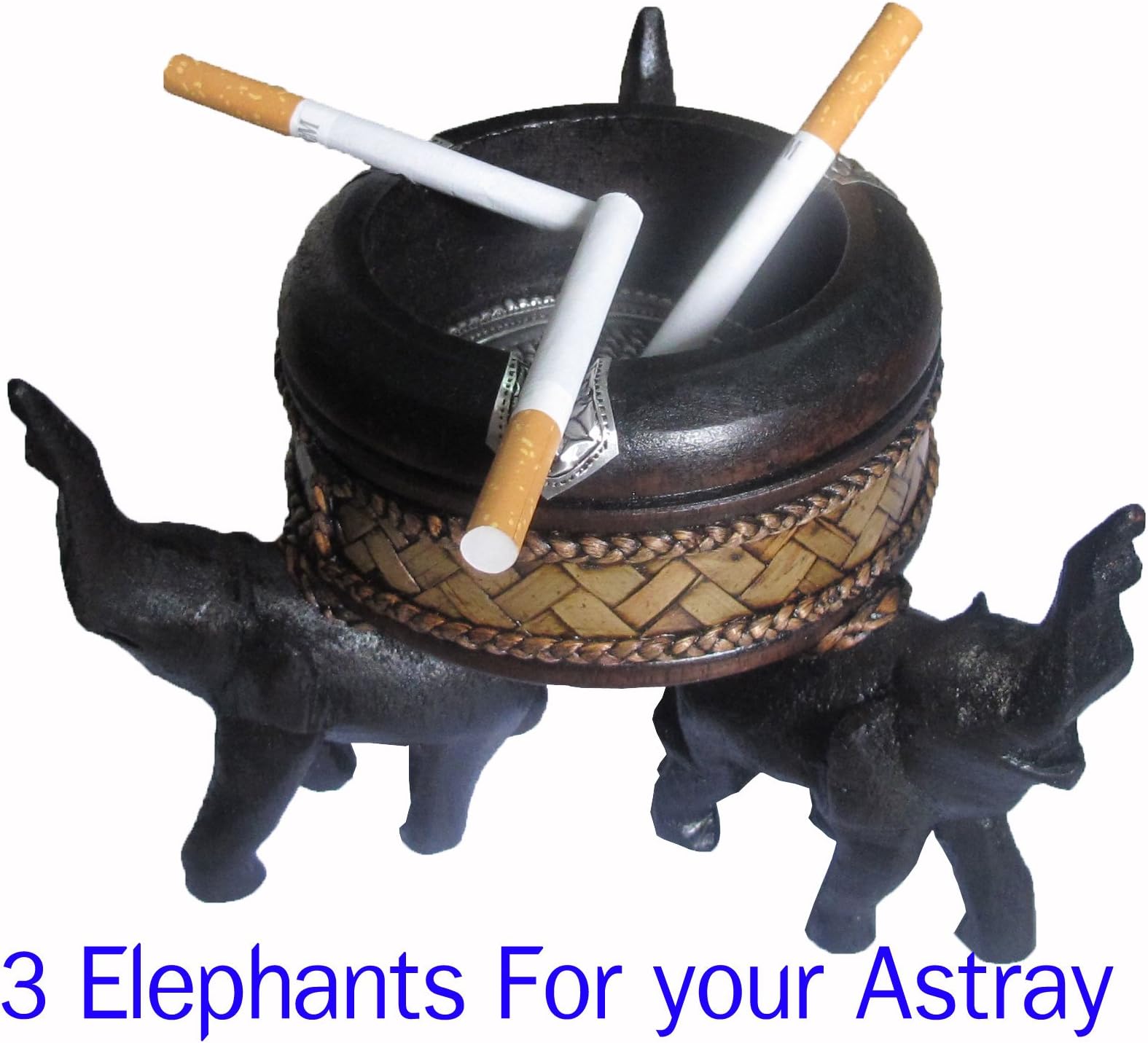 "LovelyThaiMart"Beautiful Handmade Wooden 3 Elephant Ashtray 1pcs.