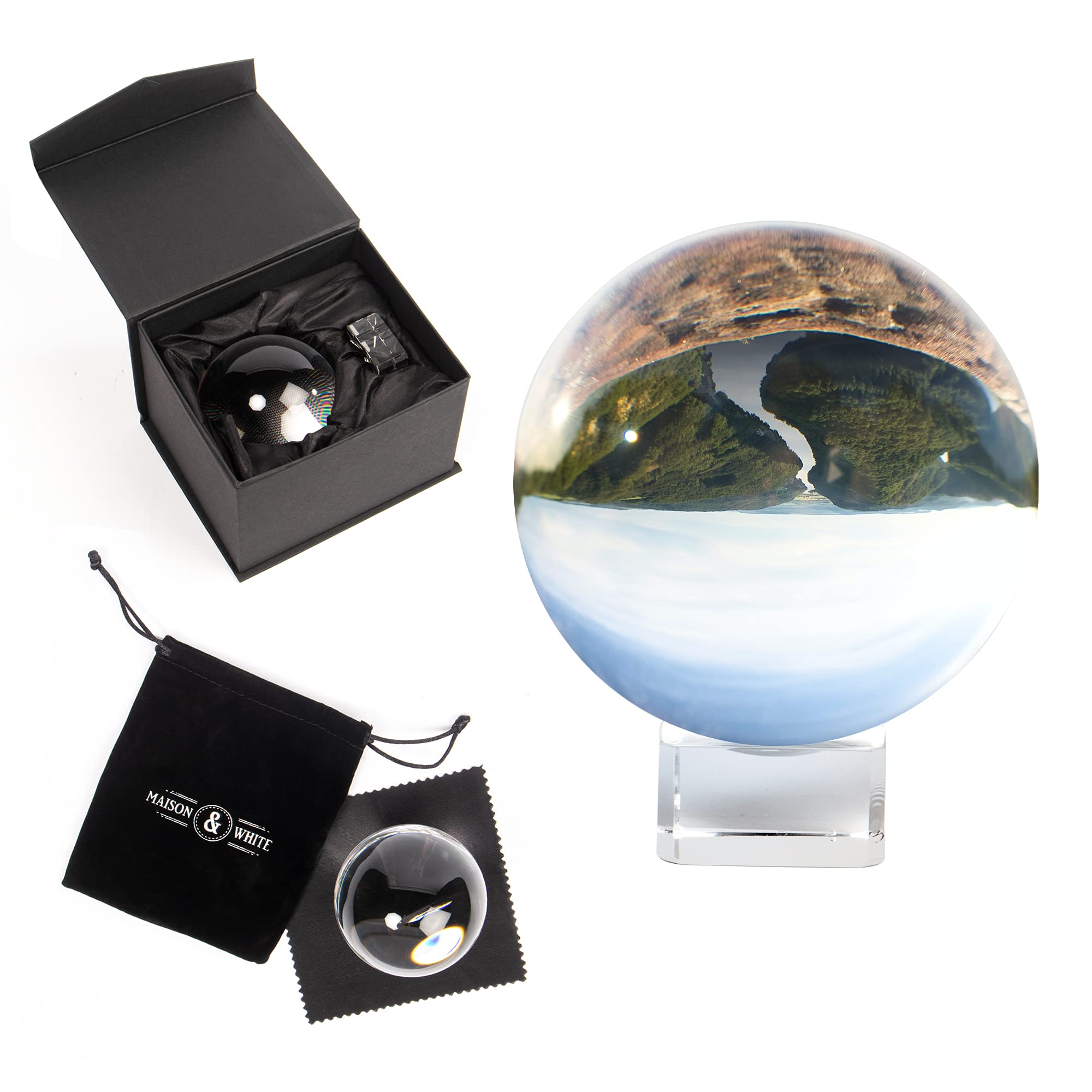 80 mm K9 Crystal Lens Ball – Clear Photo Sphere with Stand, Pouch, Box & Cleaning Cloth – For Mobile & DSLR Photography, Home Décor & Feng Shui | M&W
