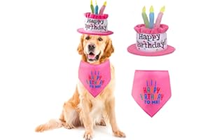 Ushang Pet Extral Large Dog Birthday Cake Hat & Birthday Bandana Scarfs Set Pink, Dog Happy Birthday Hat with Colorful Candles, Large Dog Birthday Party Supplies Decorations