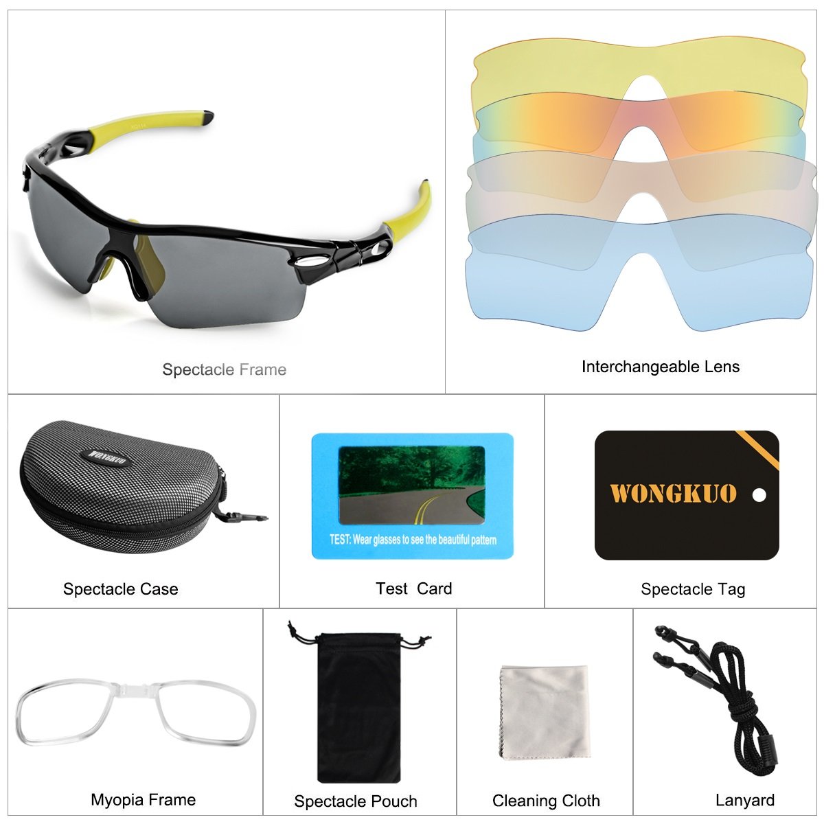 WONGKUO Polarized Outdoor Sports Glasses Men Women Cycling Sunglasses With 5 Interchangeable Lenses 100%UV Protection Fits for Fishing Running Golf Baseball Cycling Driving And All Outdoor Activities