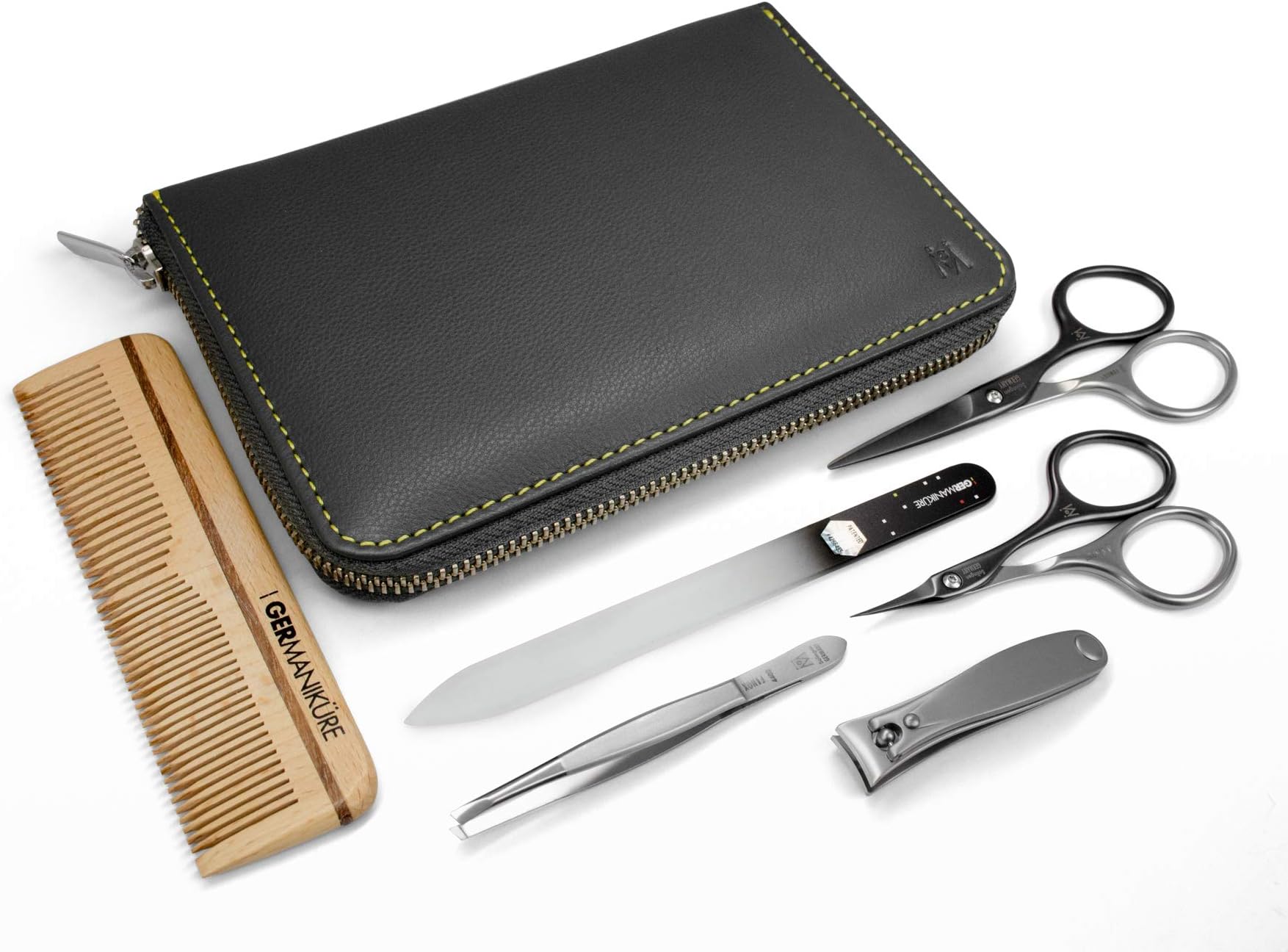 GERMANIKURE 6pc Mens Grooming Set in Leather Case- Handmade in Solingen Germany, FINOX Stainless Steel: SELF SHARPENING Beard and Nose Trimmer Scissors – Professional Nail Care