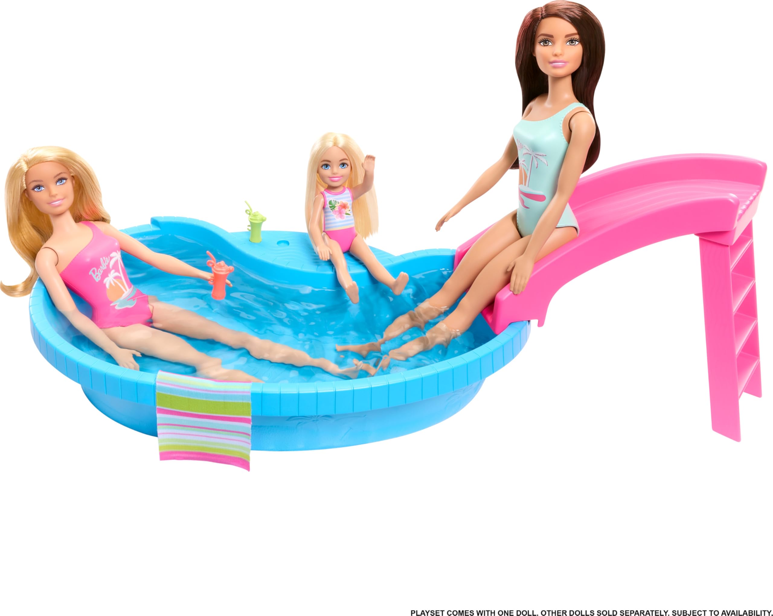 Barbie Doll & Pool Playset, Brunette in Seafoam Blue One-Piece Swimsuit with Pool, Slide, Towel & Drink Accessories