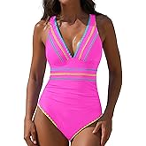 popvil One Piece Swimsuits for Women 2026 Tummy Control Neon Bathing Suit with Adjustable Strap