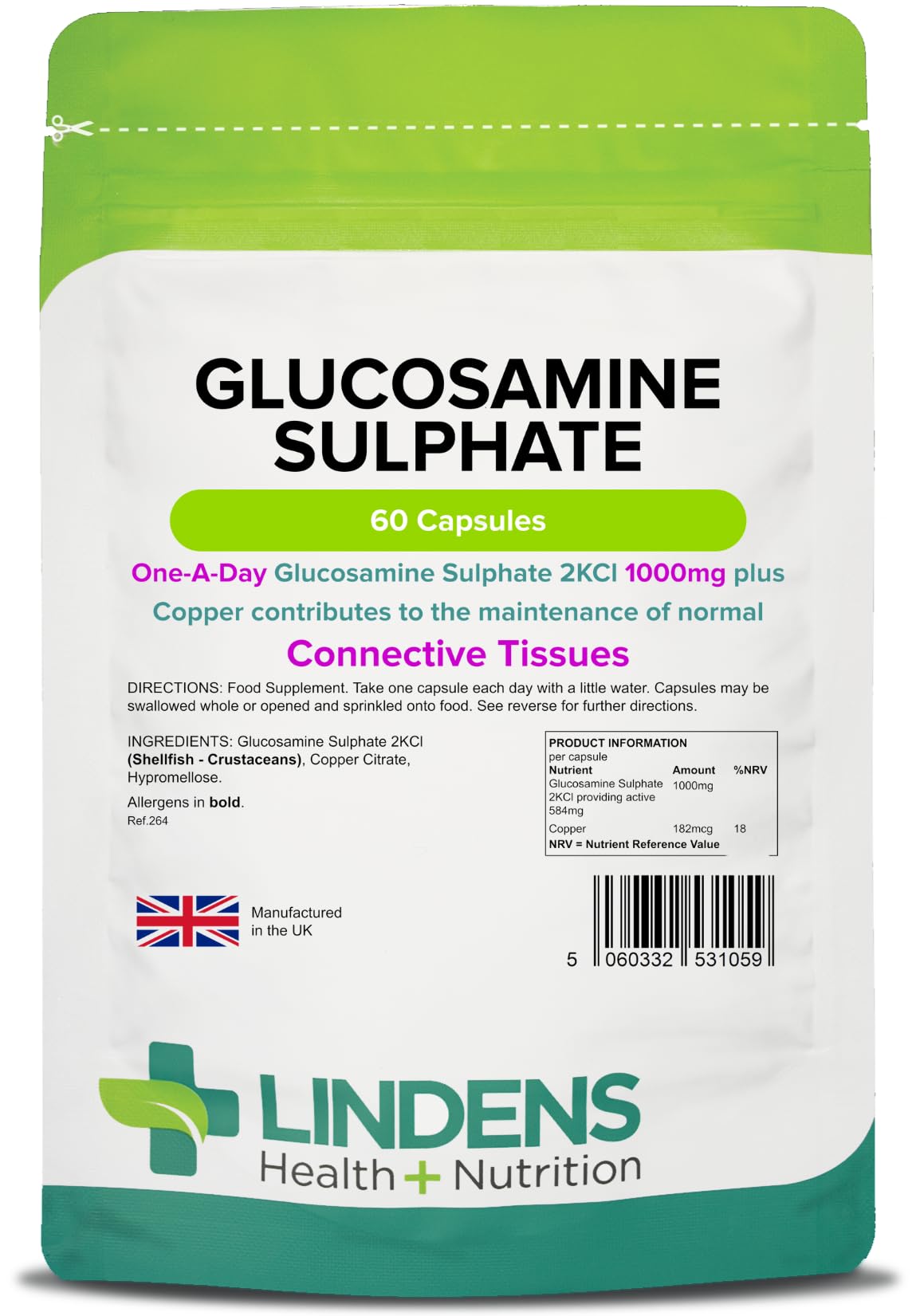 Lindens - Glucosamine Sulphate 1000mg - 60 Capsules - UK Made - Joint Care - 1 a Day - Joint Care Supplements - Joint Health - 2 Months Supply - Letterbox Friendly