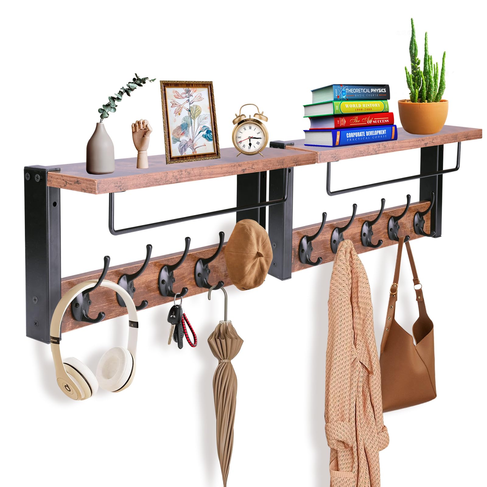 BSTHOK Wall Mounted Coat Rack with Shelf, 44cm, Metal Hooks, Rustic Wood, for Bathroom, Bedroom, Living Room (Rustic Brown-2pack) (Rustic Brown-2pack)