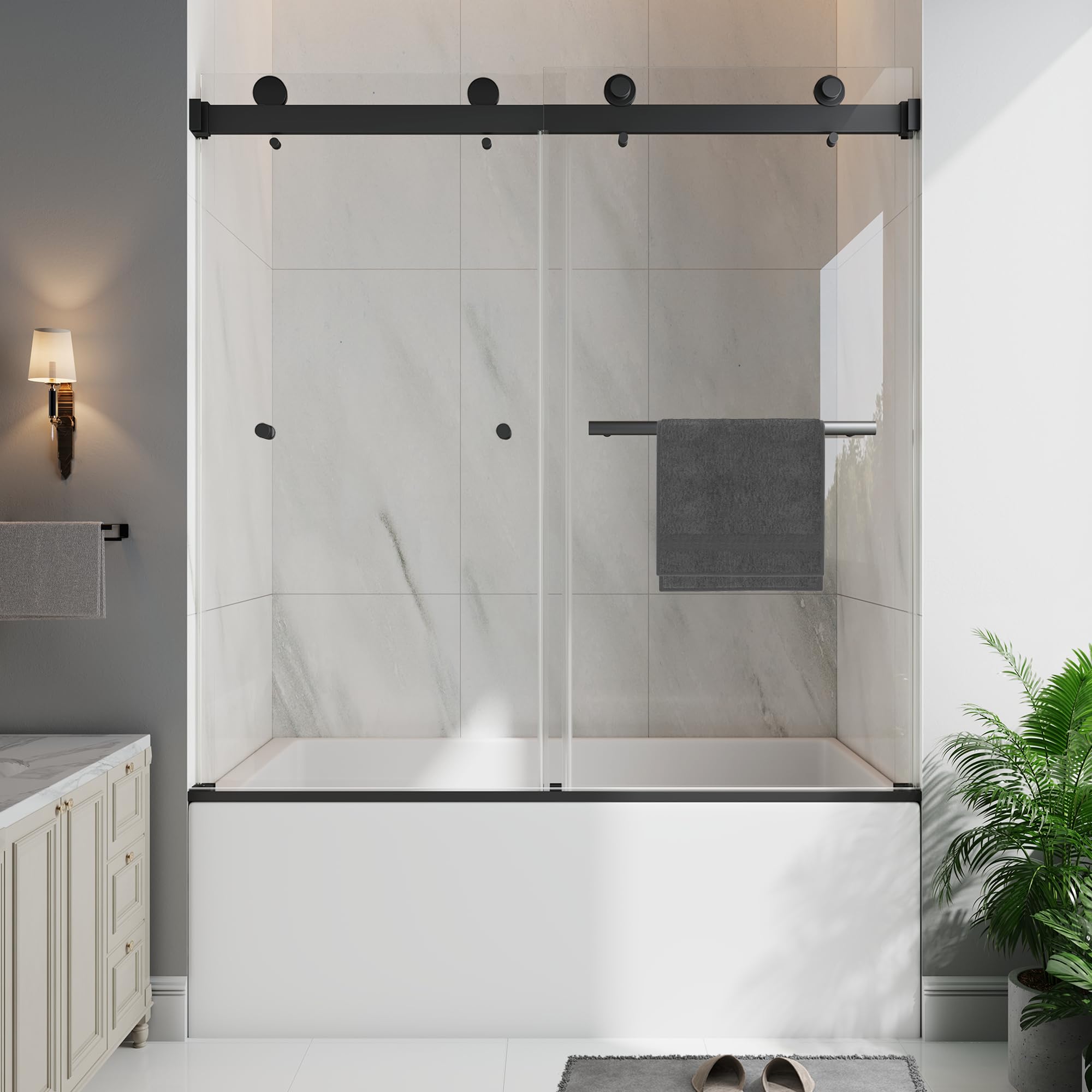Photo 1 of EASYWORC Frameless Bathtub Shower Door, 55-60" W x 60" H Double Sliding Tub Shower Door, 1/4''(6mm) SGCC Tempered Glass with Explosion-Proof Film Nano Coating, Matte Black