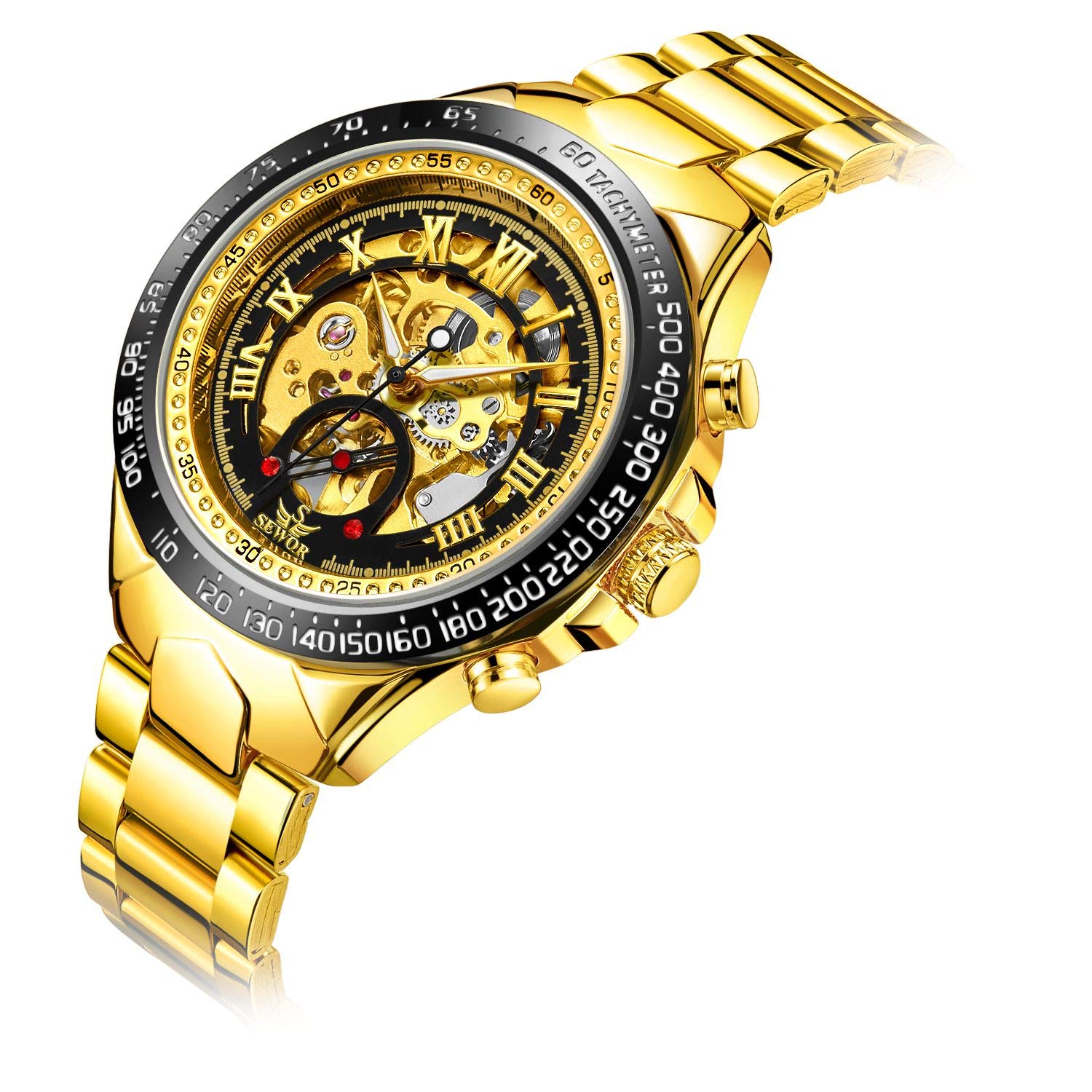 SEWOR Fashion Delicate Hollow Carving Mechanical Automatic Wrist Watch (Gold-Black)