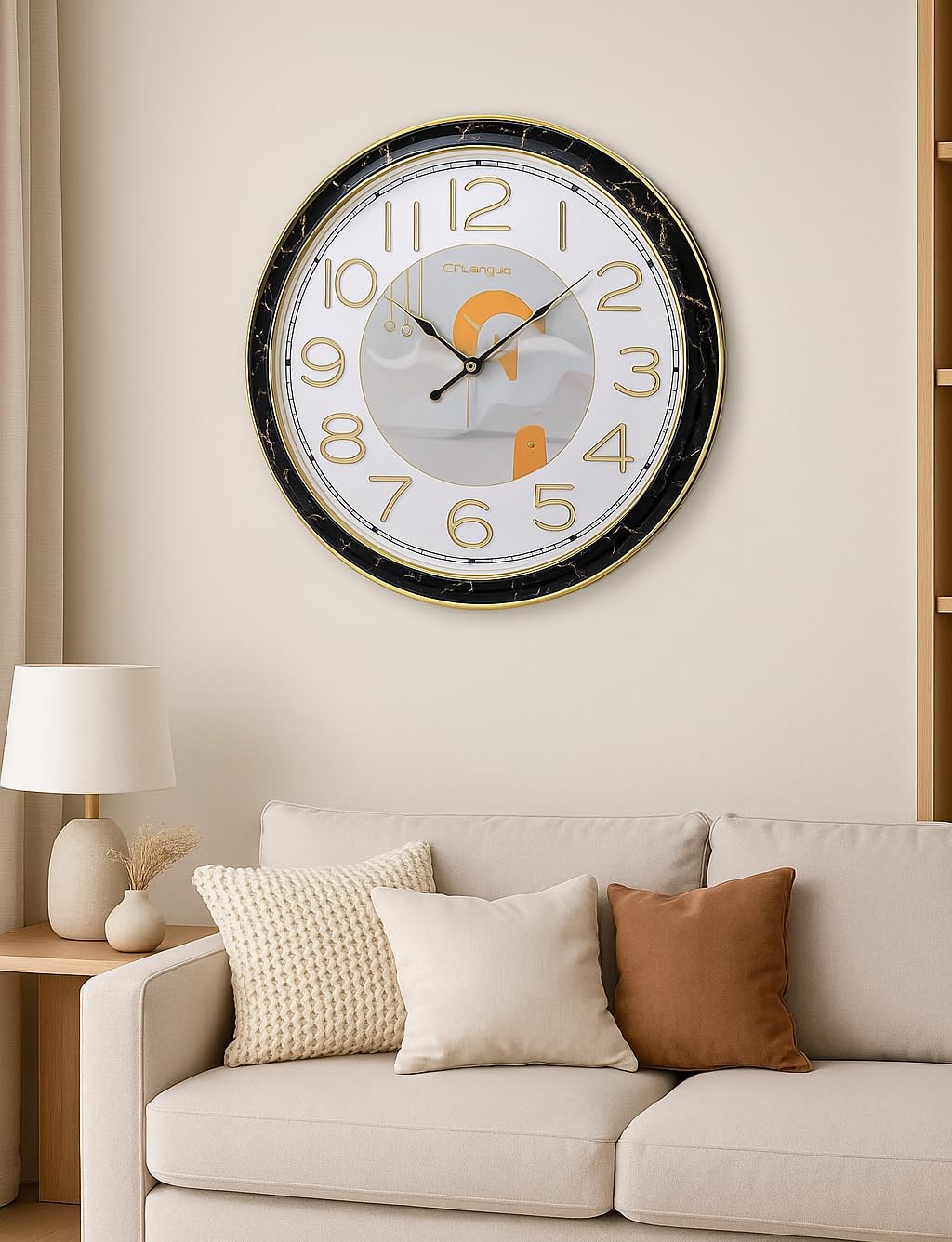 JRose Collections 45cm Decorative Wall Clock – Silent Non-Ticking Sweep Movement – Large Round with 3D Gold Numbers & Artistic Centre Design – Modern Wall Clock for Living Room or Office (Black)
