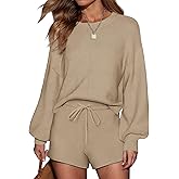 Ekouaer Womens 2 Piece Knit Sweatsuit Long Sleeve Tops and Shorts Pajamas Fashion Outfits Casual Lounge Set with Pockets
