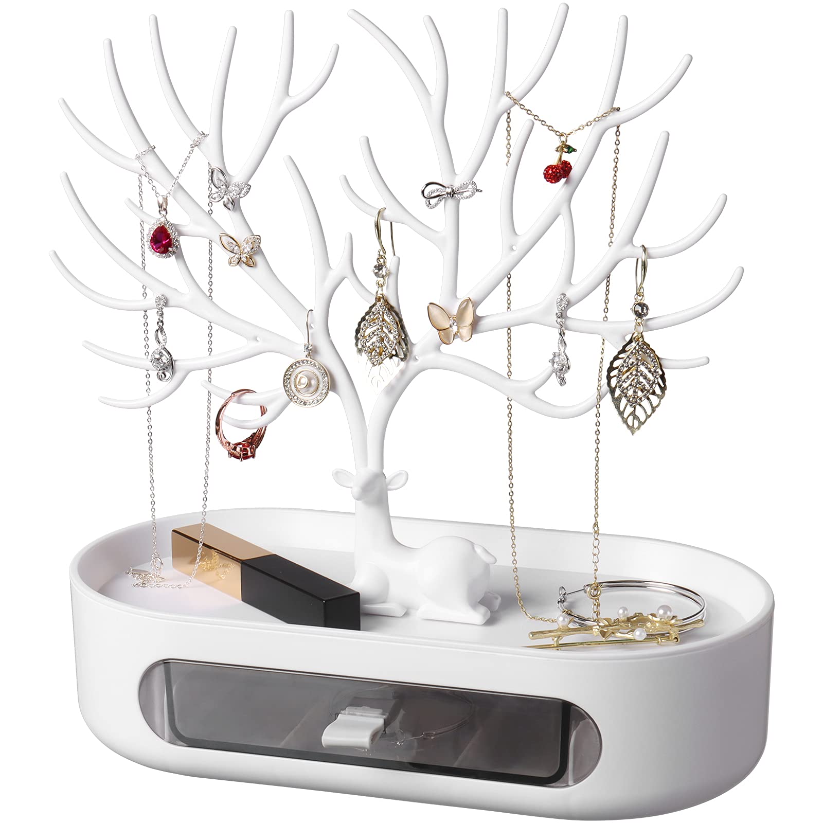 penobon Antler Jewellery Organiser Stand with Drawer, Plastic 3 in 1 Jewellery Holder for Earrings Necklaces Bracelets and Ring