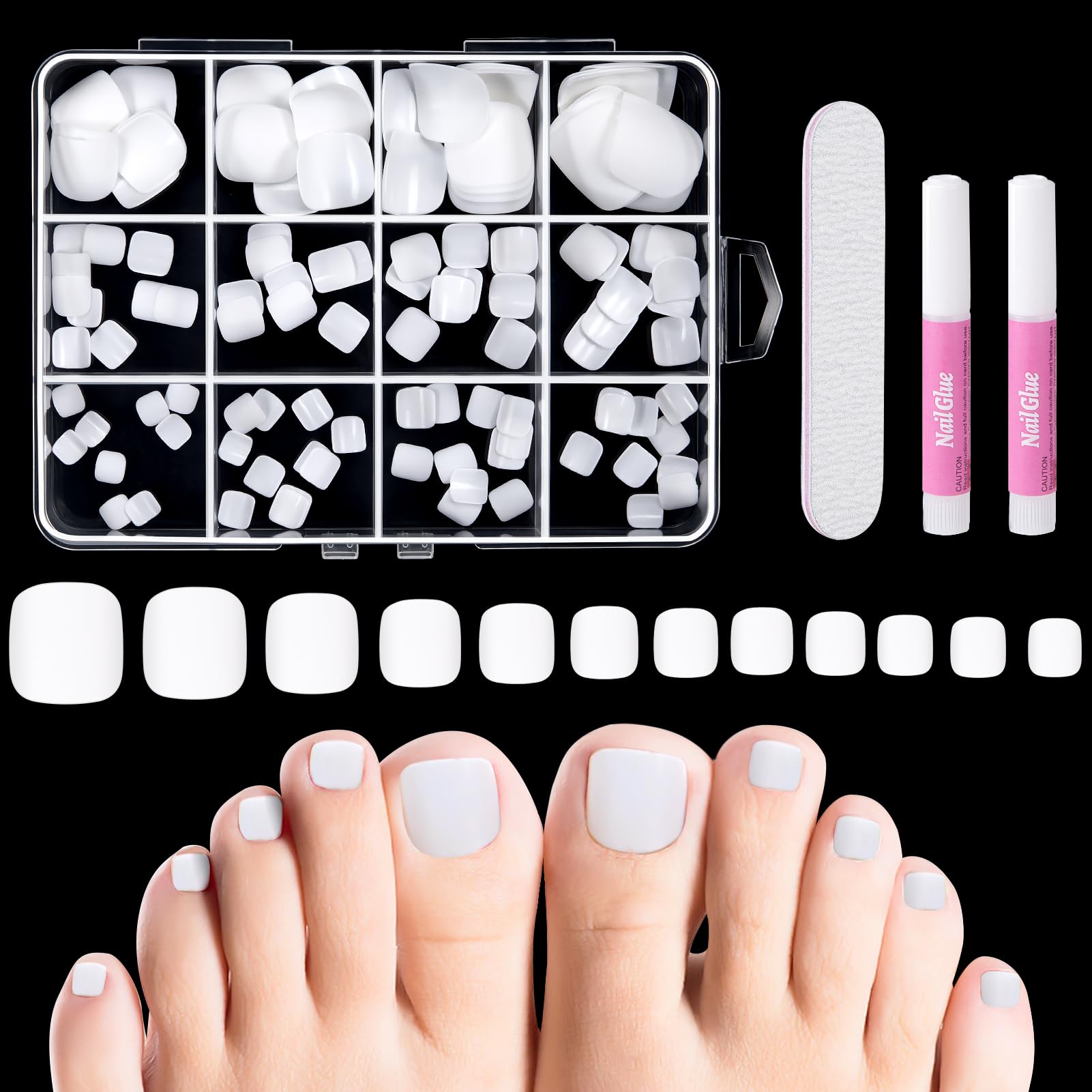 MELLIEX 120Pcs False Toenails Set Full Cover Fake Toenail Tips Fake Toe Nails With 1 Nail Files for Women Girls Nail Salon and Nail Art DIY, 12 Sizes - White