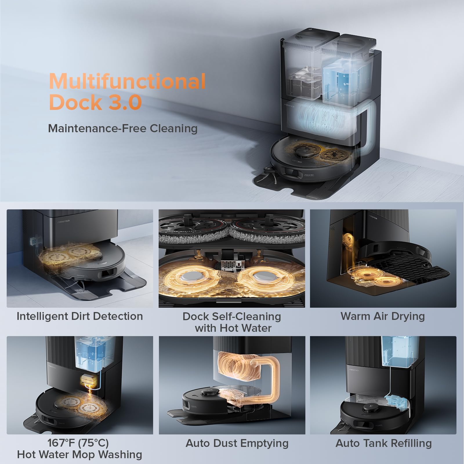 Roborock Qrevo Edge S5A Robot Aspirador y Trapeador, 18.500Pa, Cero Enredos, Cepillo Principal DuoDivide, Cepillo Lateral FlexiArm, Lavado y Autolimpieza de Trapeador con Agua Caliente, Secado con Aire Caliente, Autovaciante, Negro