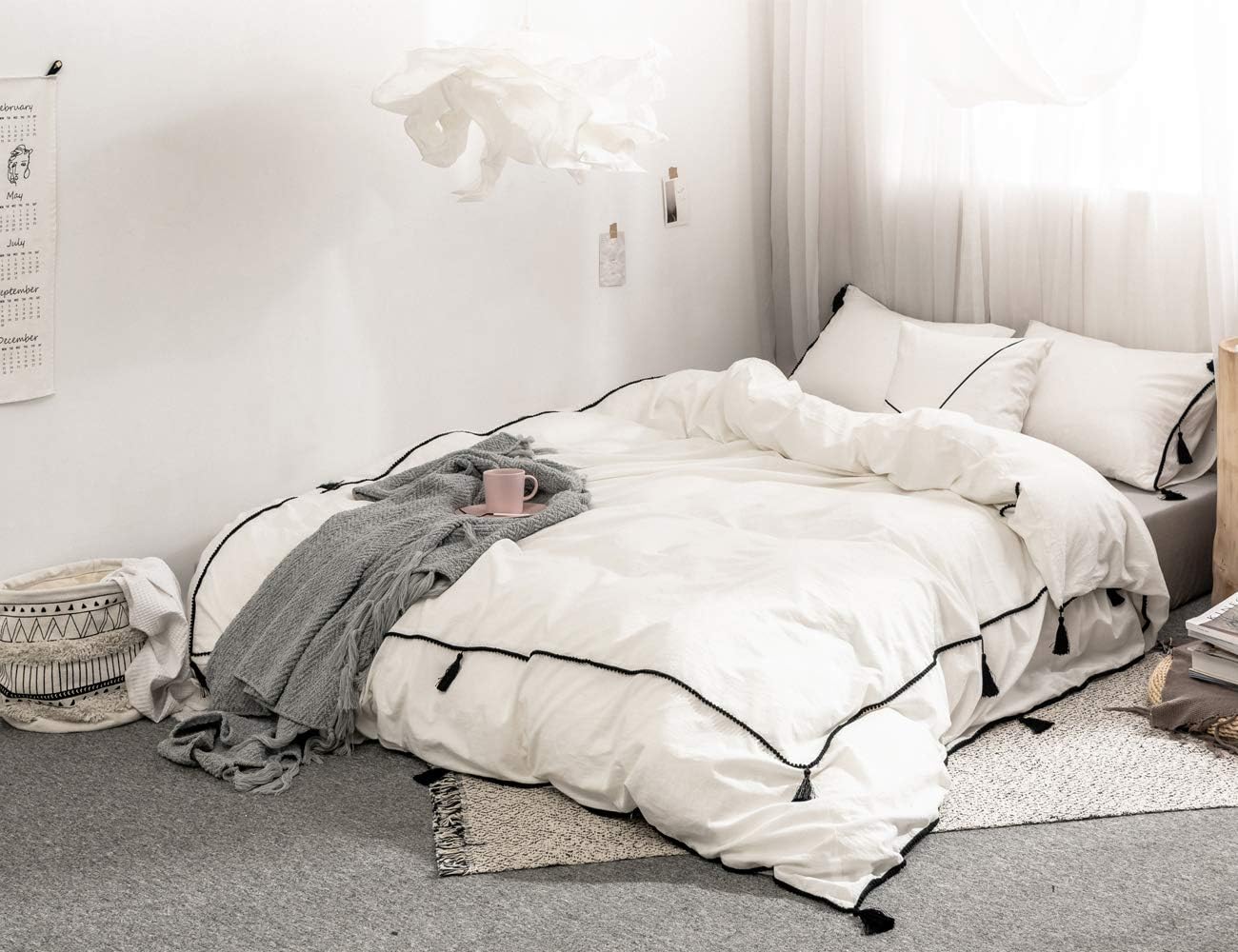 POMUED Wash Cotton Pom Duvet-Cover-Set King White Luxury Soft Comforter-Cover Set,3Pieces Pendant Bedding-Set