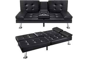 VICTONE Futon Sofa Bed Modern Faux Leather Couch Bed Convertible Folding Recliner for Living Room with 2 Cup Holders and Armrest (Black)