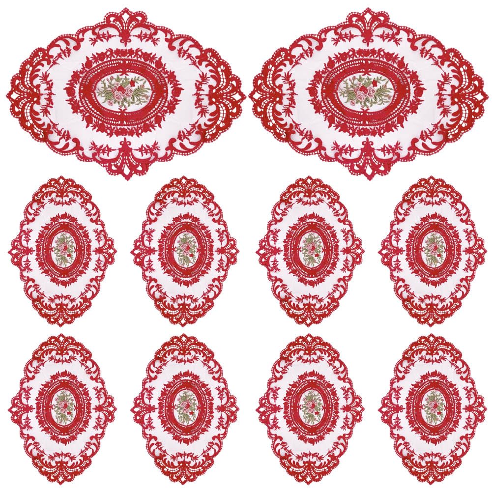 Photo 1 of 10Pcs Lace Doilies for Table Floral Embroidered Lace Placemats Handmade Crochet Doilies 11'' x 16.5'' Exquisite Retro Victorian Table Mat for Wedding Cup Vase Table Decor (Red)