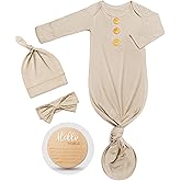Soft Baby Knot Gown 0-3 Months, Newborn Announcement Sleepers With Mitten Cuffs and Personalized Wooden Name Tag