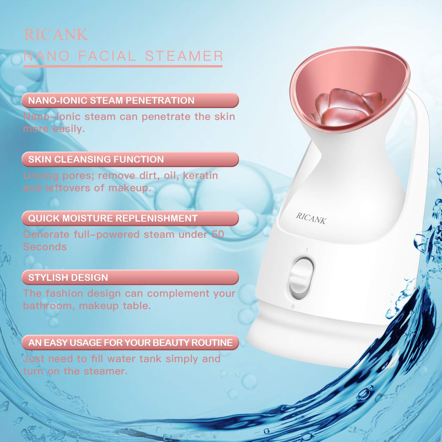 RICANK Nanosteamer Nano Ionic Warm Mist Facial Steamer Hot Mist Moisturizing Cleansing Pores Face Steamer Unclogs Pores Clear Blackheads Acne Comedone Removal Home Sauna Spa Nano Spray Rose Gold: Beauty