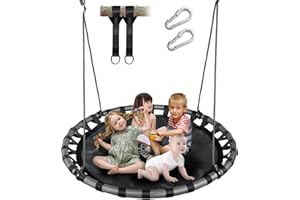 Hishine 50" Saucer Tree Swing for Kids, 360° Rotate Waterproof Flying Saucer Swing with Swivel, Hanging Straps, Adjustable Ropes, Round Mat Spinner Swing for Tree/Swing Set (Strap-Black)