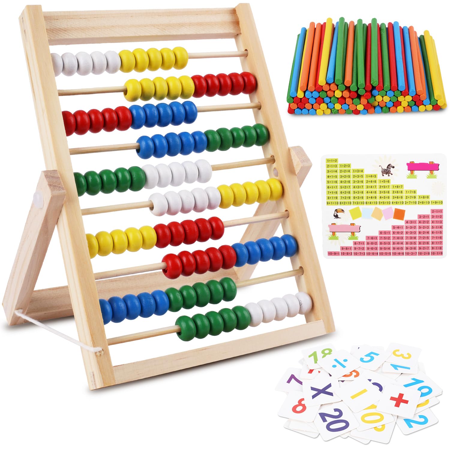 RNHDLY Abacus for Kids, Wooden Abacus with 100 Counting Sticks and 40 Number Cards, Ages 3-7, Small, Multi-color, Number Theme, No Assembly Required