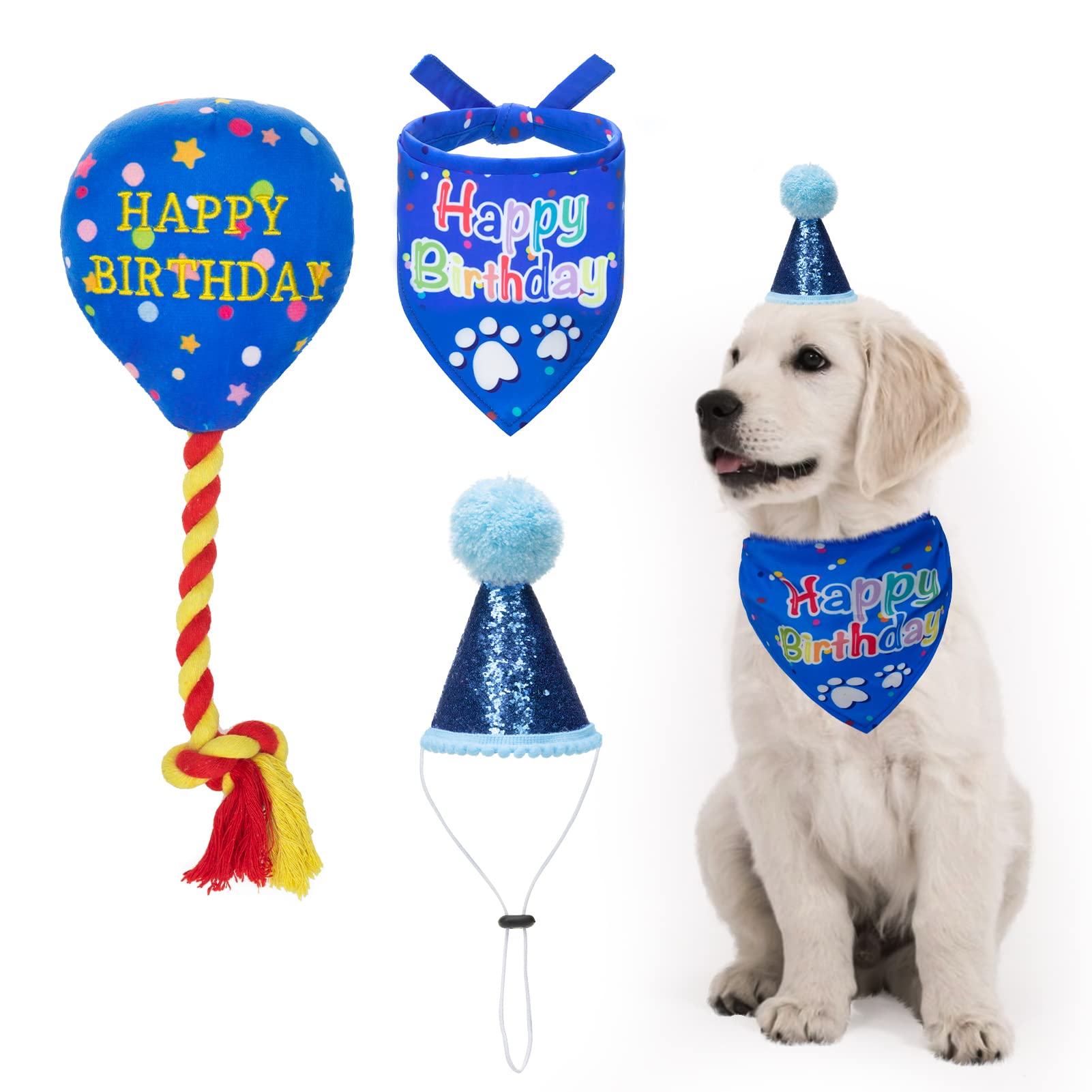 KOOLTAIL Dog Birthday Bandana Hat Balloon Plush Toy Set, Cute Pet Happy Birthday Accessory Puppy Chew Toy for Dogs Cats Puppies — image 1
