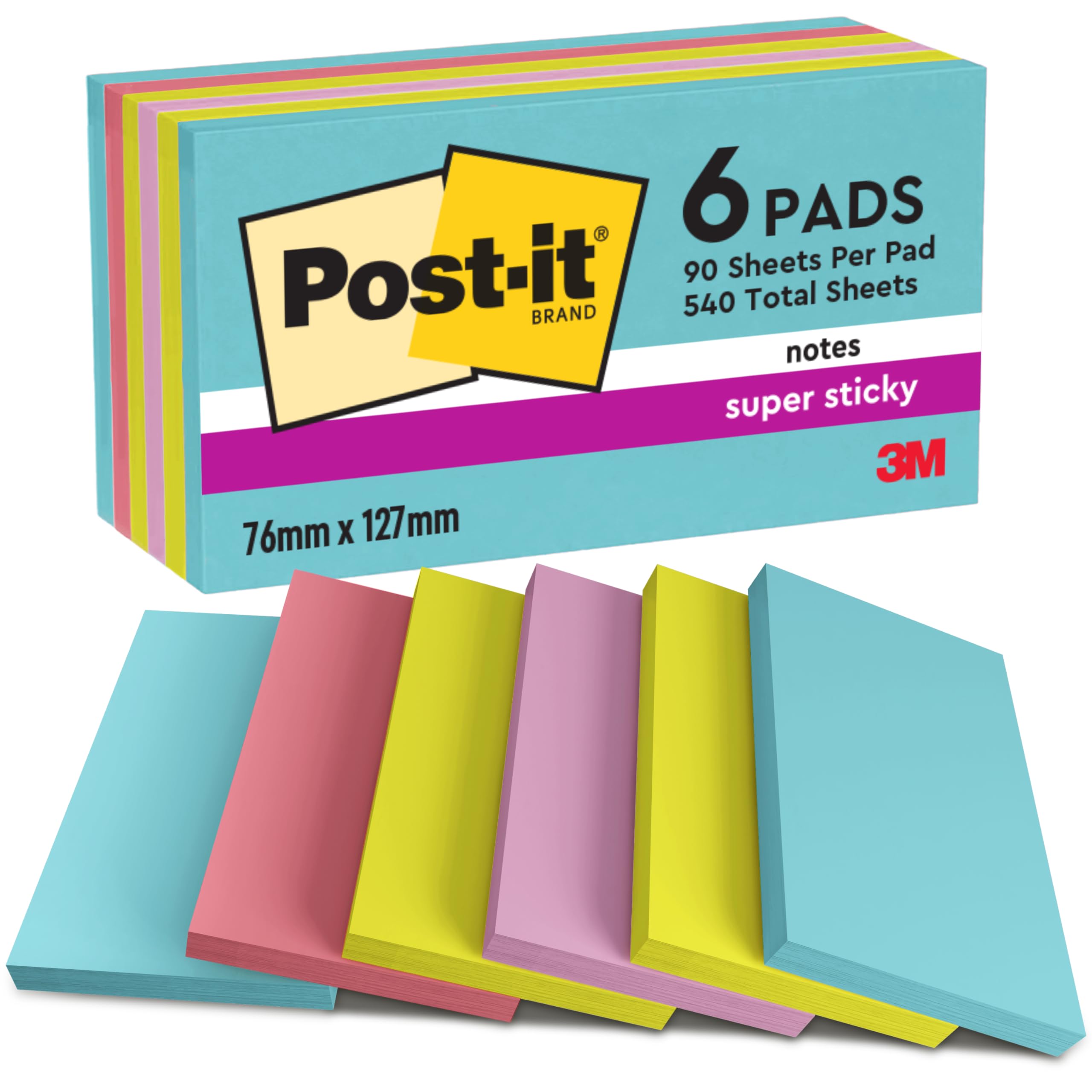 Post-it Super Sticky Notes, 540 Sheets, Pack of 6 Pads, 76 mm x 127 mm - Holds Strong to Many Surfaces - Blue, Green, Pink - for Walls, Monitors and Fridge, Recycable