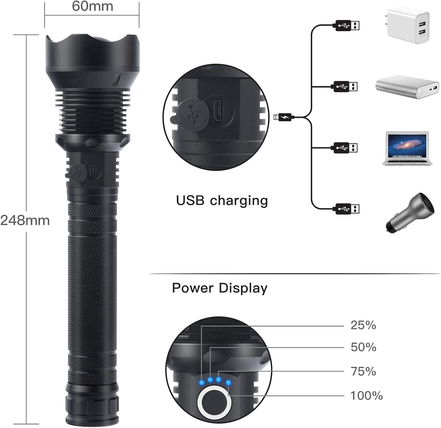Rechargeable Led Flashlight High Lumens, 90000 High Lumens Tactical Flashlights, P70.2 LED Super Bright Flashlight with 26650 Batteries& USB, Zoomable, 3 Modes, Waterproof Flashlight for Emergencies - - 