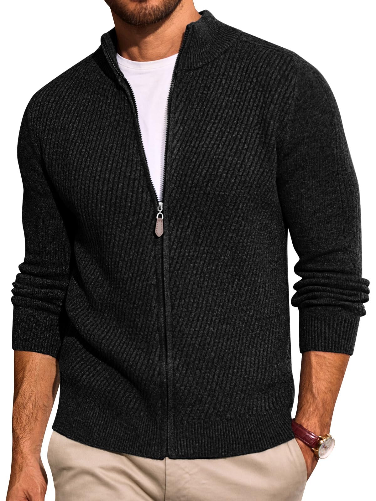 Photo 1 of Runcati Mens Full Zip Cardigan Sweater Casual Slim Fit Knit Sweaters Stand Collar Fall Winter Ribbed Cardigan Black