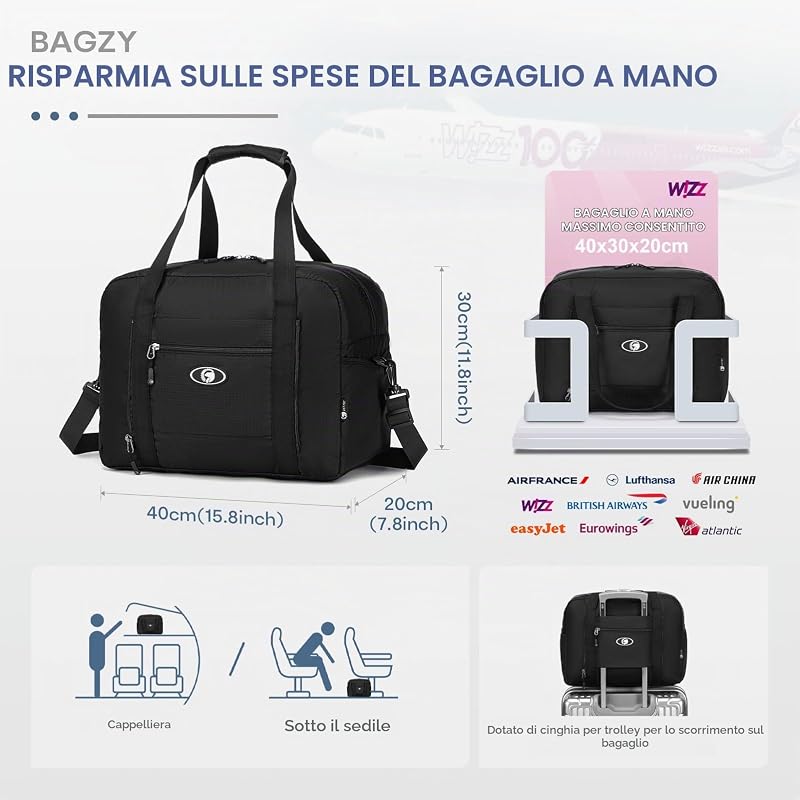 Borsa 40x30x20 Bagaglio a Mano Ryanair Wizz Air ITA Pieghevole 25L
