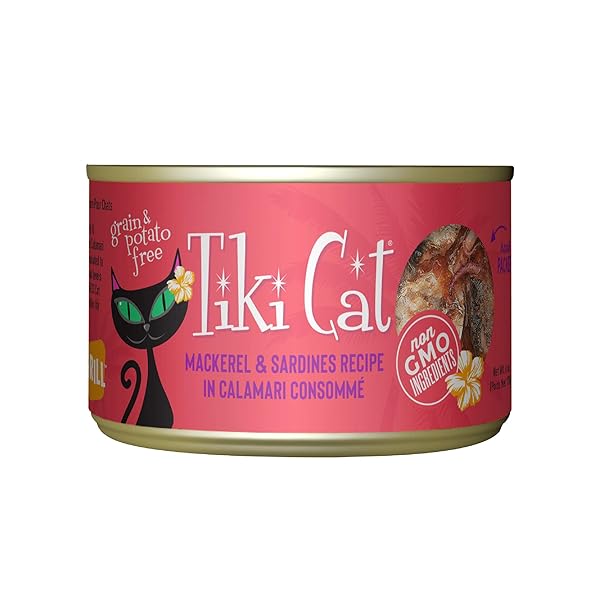 TIKI CAT GRILL, MACKEREL & SARDINES, HIGH-PROTEIN AND 100% NON-GMO INGREDIENTS, WET WHOLE FOODS CAT FOOD FOR ALL LIFE STAGES, 6 OZ. CANS (PACK OF 8)