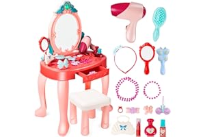 UNIH Toddler Vanity Set Kids Toy Vanity Table for Little Girls with Mirror and Stool, Princess Vanity Toys for 2 3 4 5 Year Old Girls Gift