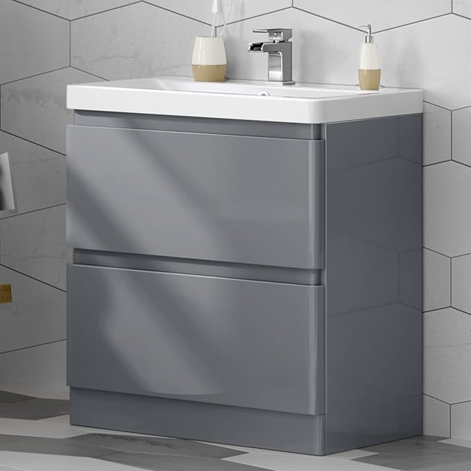 800 mm Grey Vanity Sink Unit Ceramic Basin Bathroom Drawer Storage