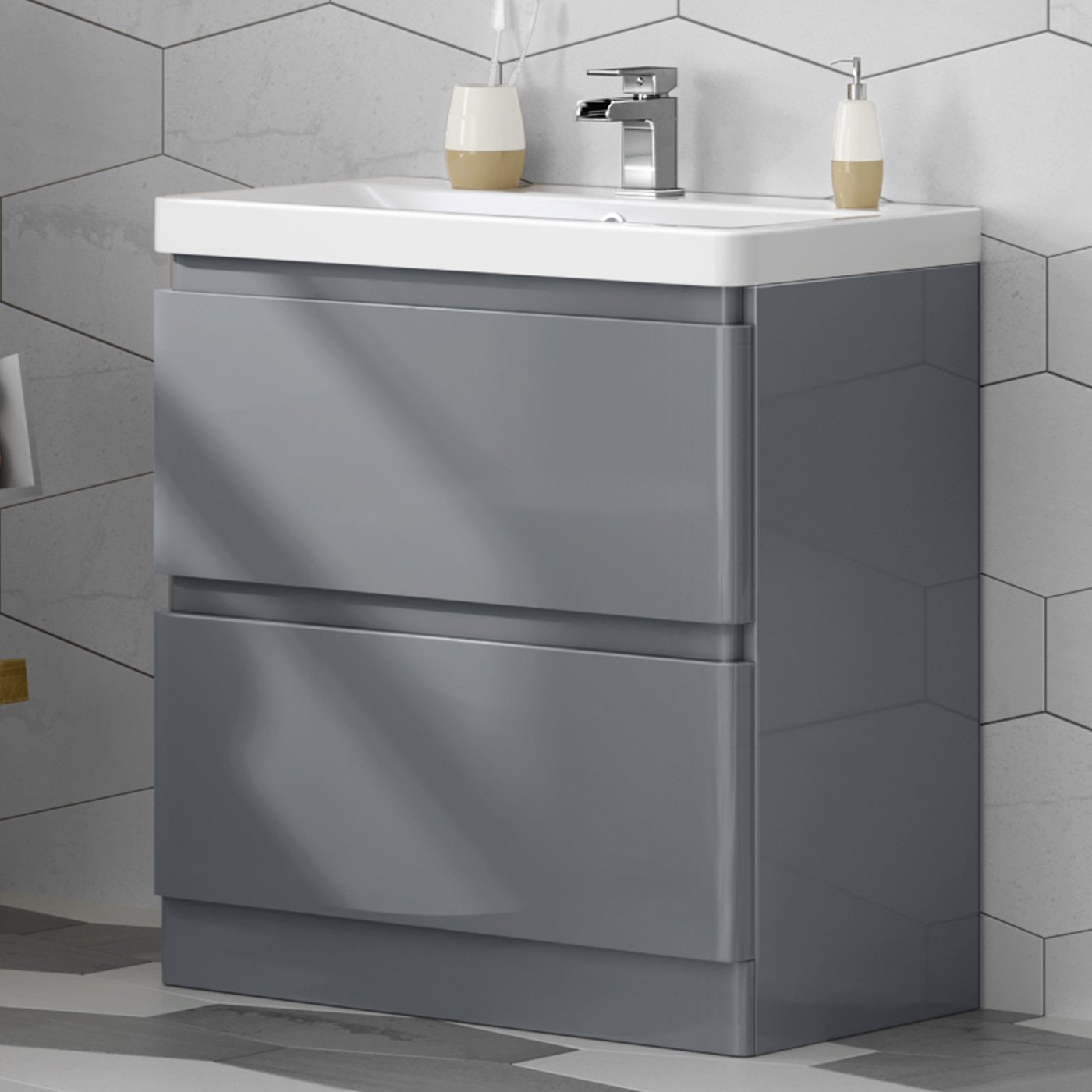 800 Mm Grey Vanity Sink Unit Ceramic Basin Bathroom Drawer Storage