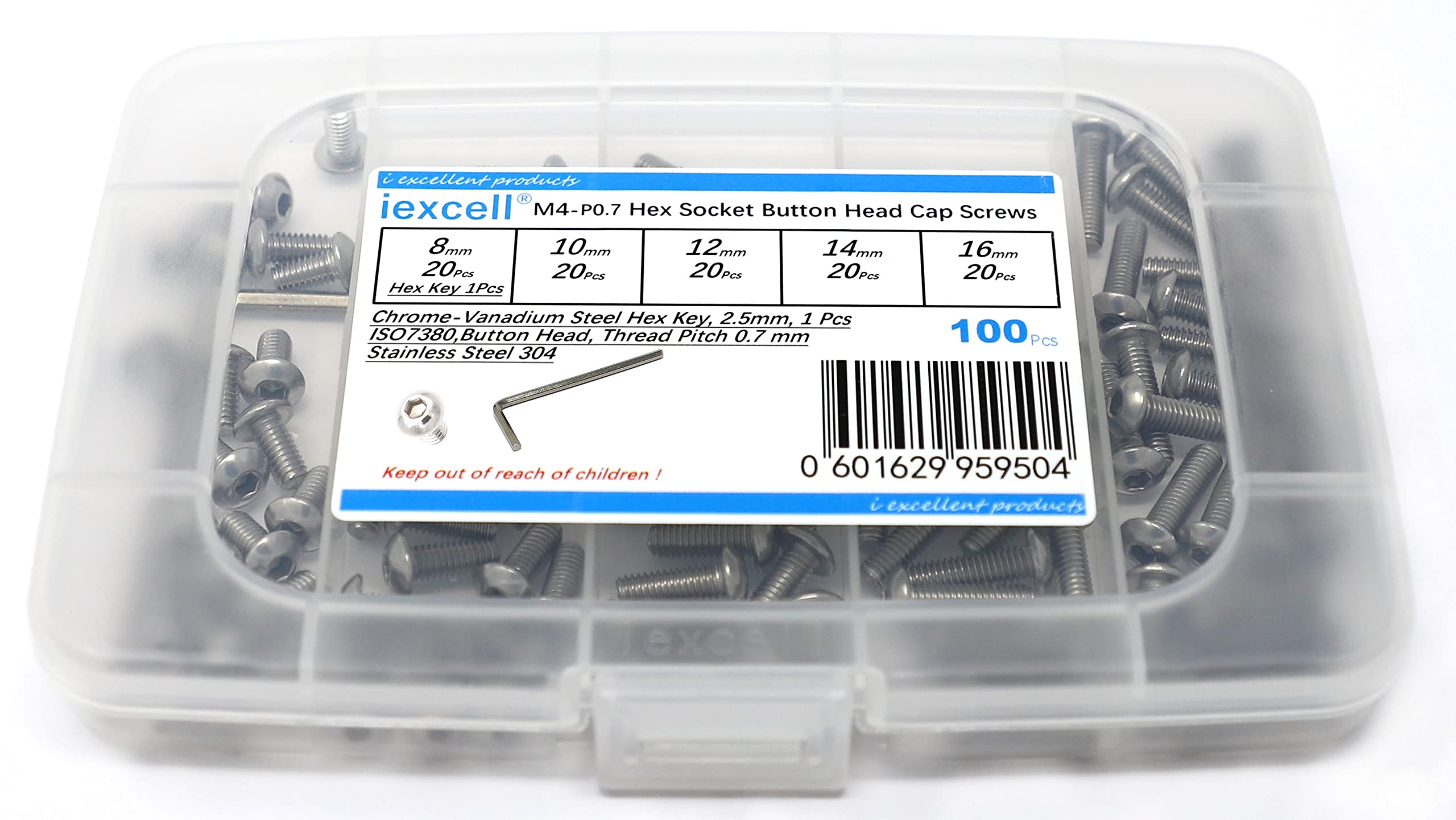 iExcell 100 Pcs Stainless Steel 304 M4 x 8/10/12/14/16 mm Hex Socket Button Head Cap Screws Bolts Assortment Kit — image 1