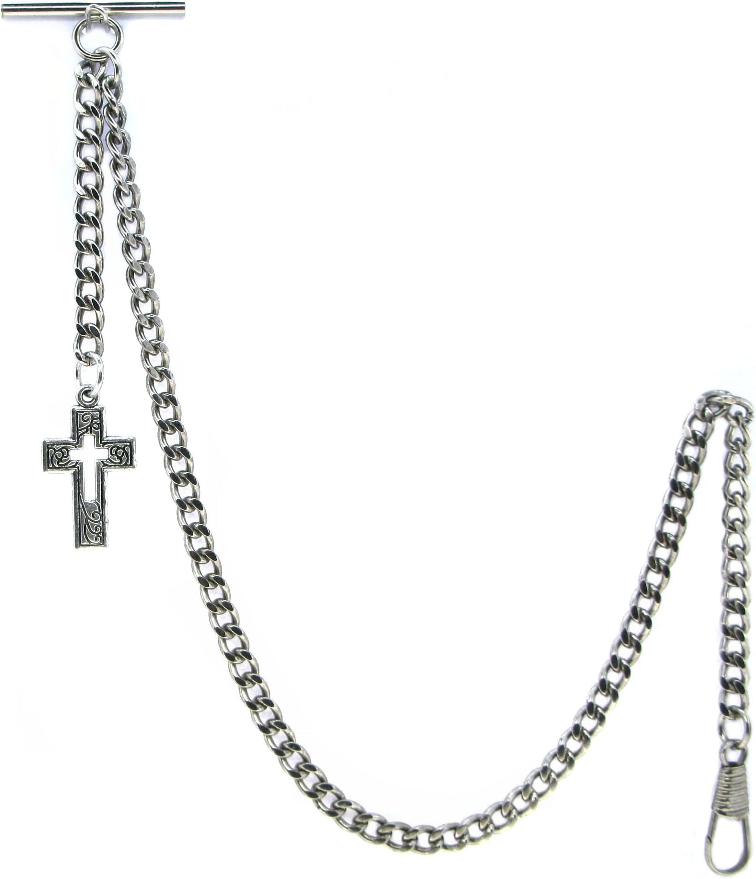 Albert Chain Silver Color Pocket Watch Chains for Men with Cross Design Fob and T Bar AC30