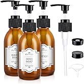 Homepicker 4 oz Amber Glass Pump Bottle, 125ml Small Lotion Dispenser Bottle for Body Massage Oil, Refillable Empty Hand and Dish Soap Dispensers Set with Storage Caps, Labels - 3 Pack