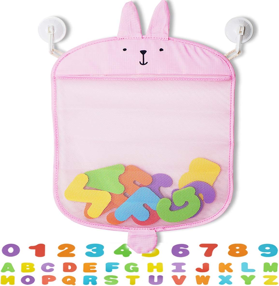 Sunny Jean Bath Toys Organizer Thickened Mesh Bag Bathtub Toys Storage Net for Baby Quick Dry Kids Bathtub Toy Holder Clean Without Mold Cartoon|incl. Vacuum Suction Cups+36(A~Z+0~9)(Pink+White)