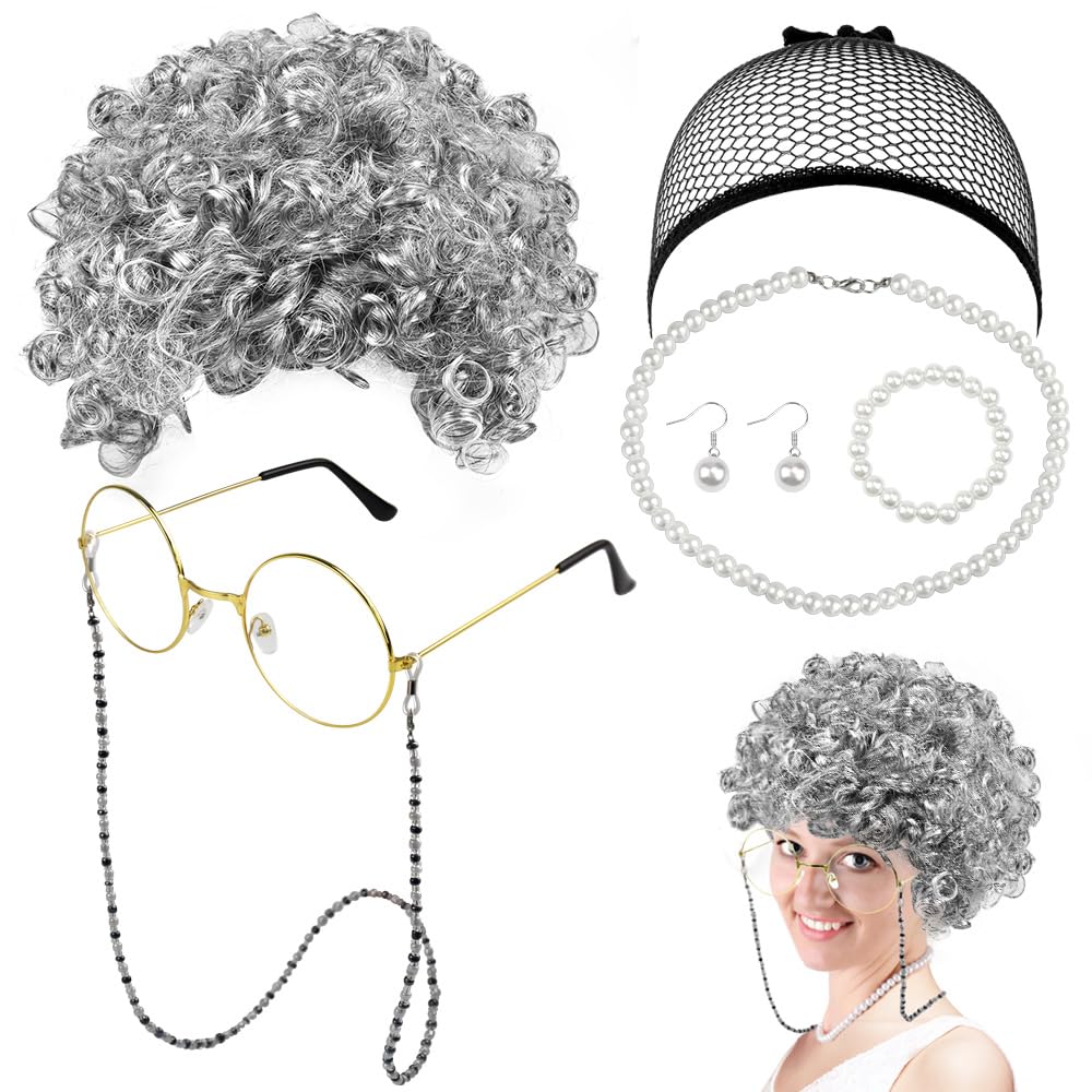 EMAGEREN 7 Pcs Old Lady Cosplay Set Old Lady Wig Granny Costume Set Grey Curly Granny Wig Wig Cap Glasses Eyeglasses Chains Strap Pearl Necklace Bracelet Earrings for Halloween Party Stage Cosplay