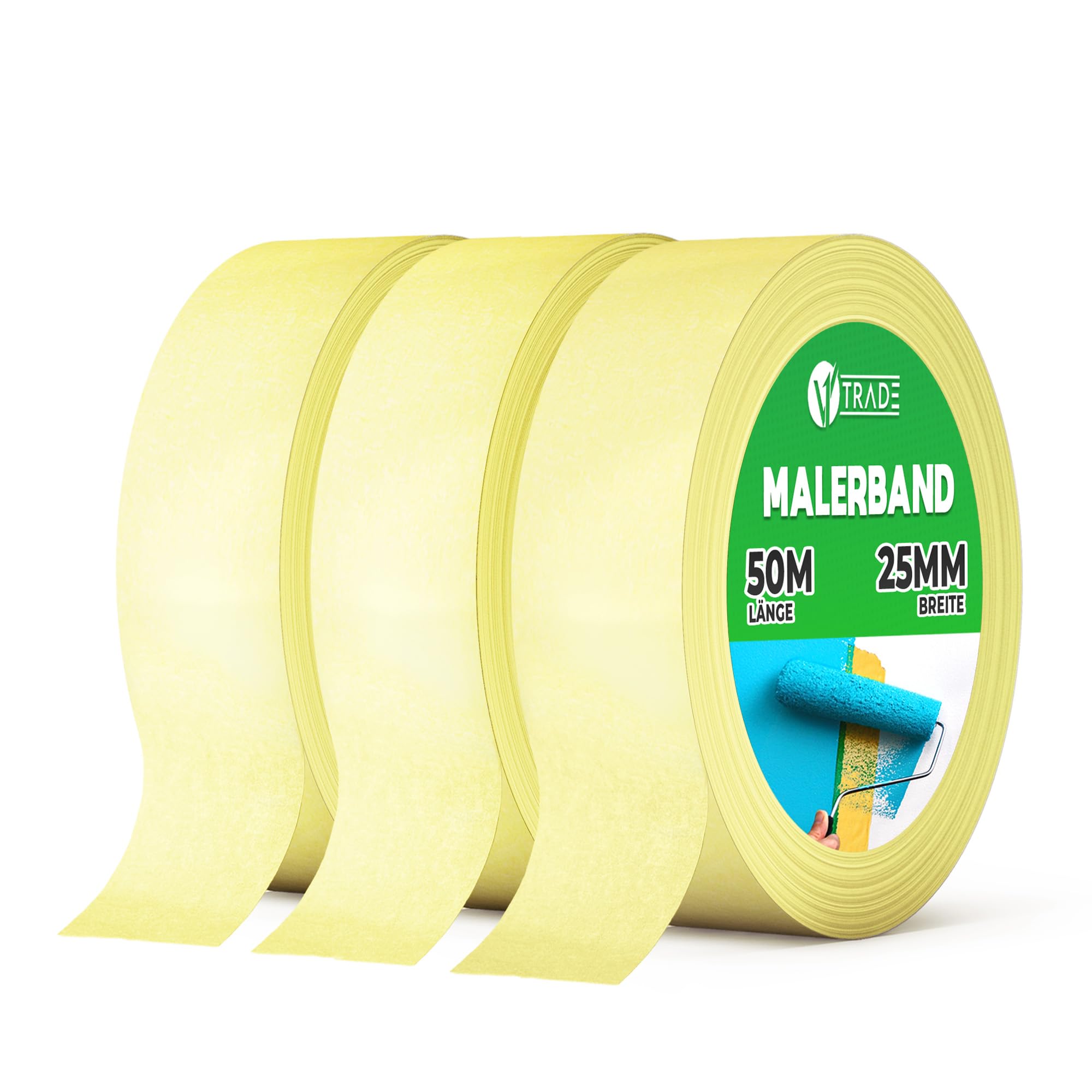 V1 TRADE - Masking tape, Painter's Tape 25 mm x 50 m - Universally Applicable, Residue-Free Removable Painting Tape for All Standard Painting Work - 3 Pack