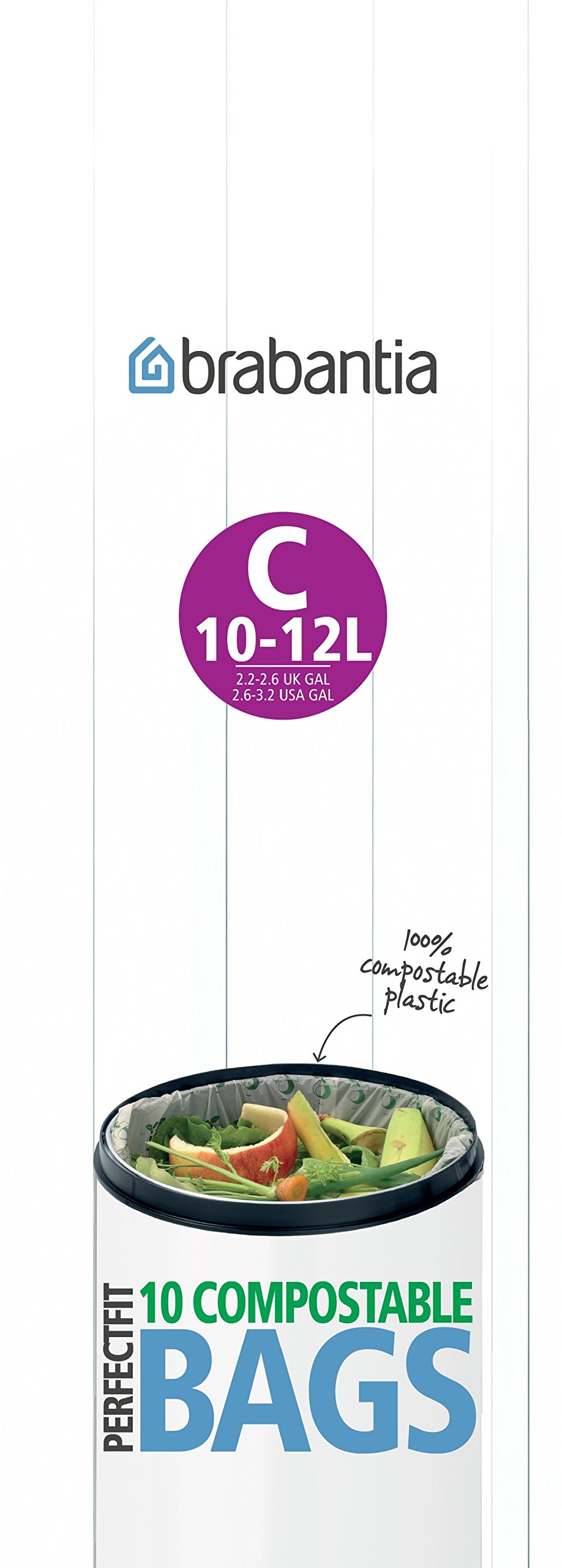 Brabantia Compostable Bin Liners for Food Waste & Organic Composting (Size C/10-12 Litre) Biodegradable Small Bin Bags (Pack of 10 Bags)