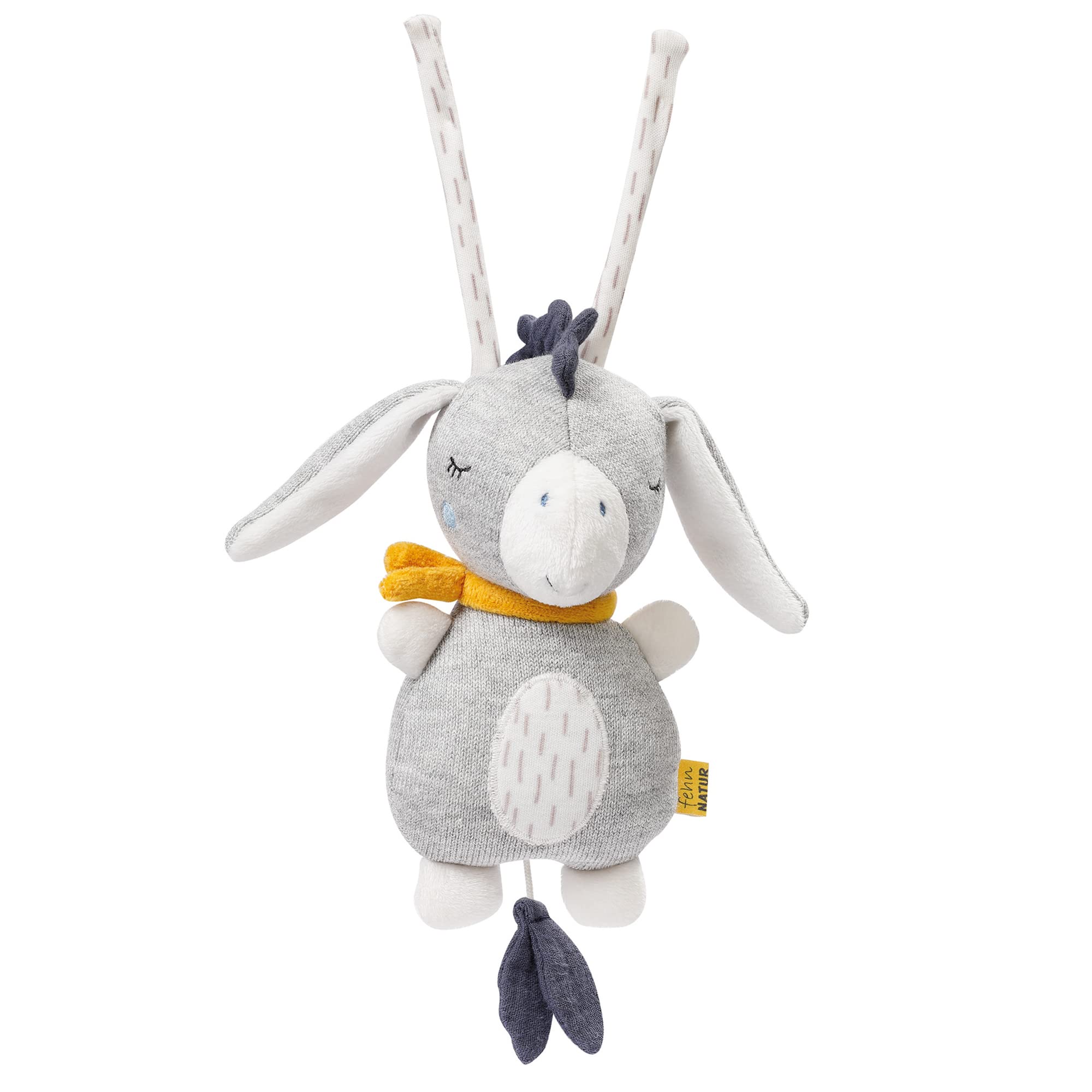 Fehn Music Box Baby fehnNatur Sleep Aid Donkey - Cuddly Toy Made of Cotton from Organic Cultivation - Melody "Brahms Lullaby" - Baby Toy for On The Go & Home - Music Toy for Babies