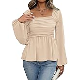 Floerns Women's Bishop Long Sleeve Ruched Square Neck Ruffle Hem Peplum Blouse Top