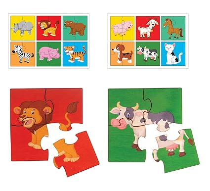 RK Cart Farm & Wild Animals Simple Puzzles for Kids, 4 Piece Wooden Jigsaw Fun Learning Toys, Set of 12