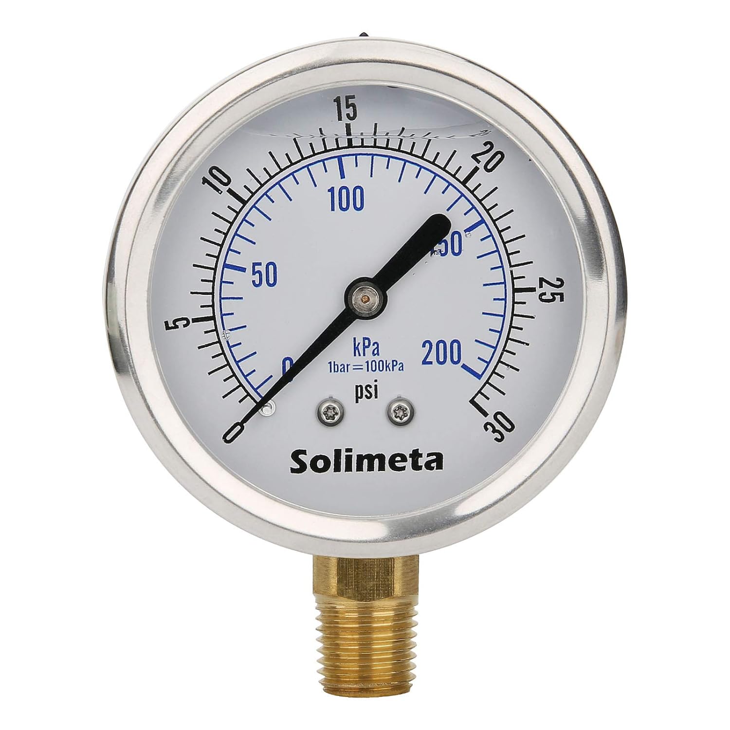 Solimeta 21/2" Dial Size, Liquid Filled Pressure Gauge, 30psi Pressure