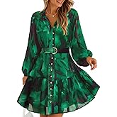 ZESICA Womens Spring Summer Floral Mini Dress Long Sleeve Button Chiffon A Line Swing Short Wedding Guest Party Dresses