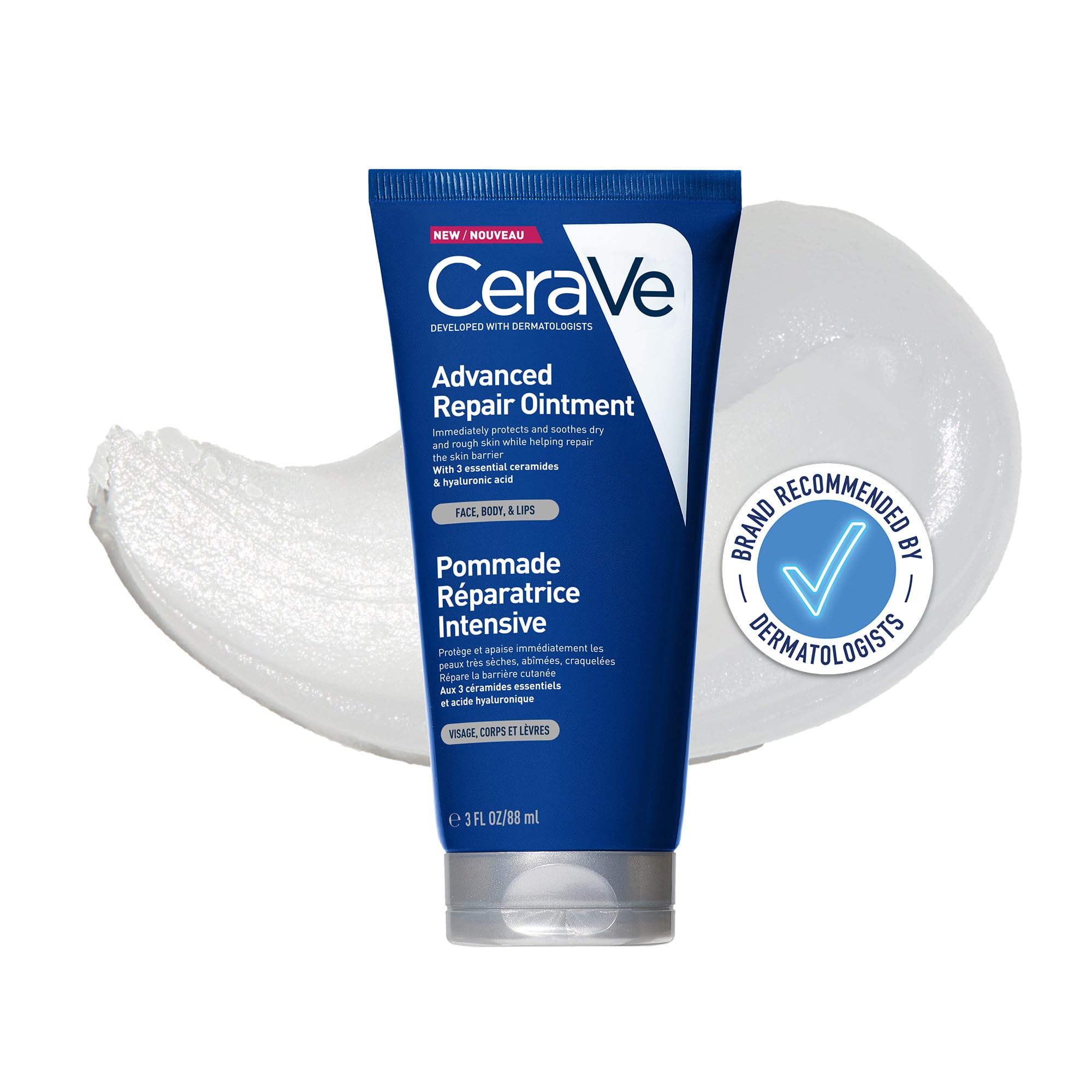 CeraVe Advanced Repair Ointment for Very Dry Chapped Skin With 3 Essential Ceramides, Pharmaceutical-Grade Petrolatum, Hyaluronic Acid, Face Body & Lips, Dermatologist Developed, 88ml