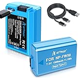 Artman NP-FW50 Battery 2-Pack 1500mAh with USB-C 2in1 Charging Cable for Sony ZV-E10, Alpha A6500 A6400 A6300 A6000 A5100 A5000, A7S II, A7S, A7R II, A7R, A7 II, A7, RX10 II III IV Cameras